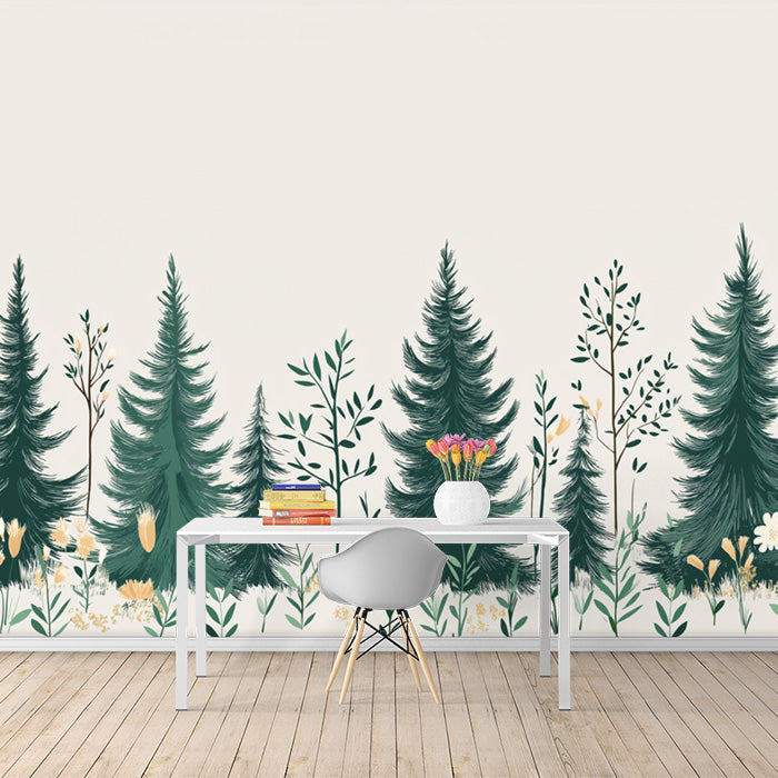Simple Pine Tree Mural Wallpaper in Study Room | Green, White Pine Trees