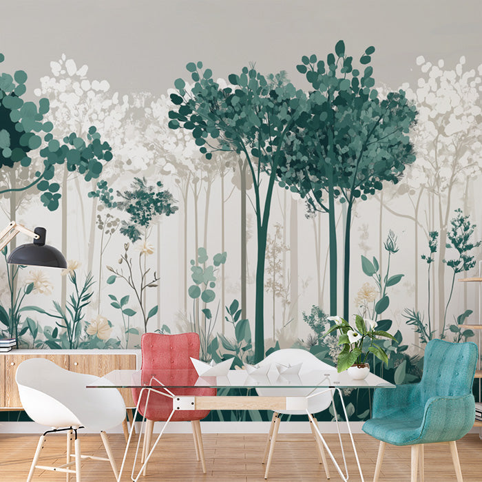 Simple Pine Tree Mural Wallpaper in Study Room | Green, White Pine Trees