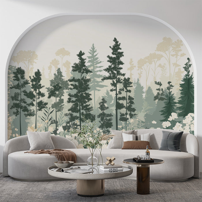 Simple Pine Tree Mural Wallpaper in Study Room | Green, White Pine Trees