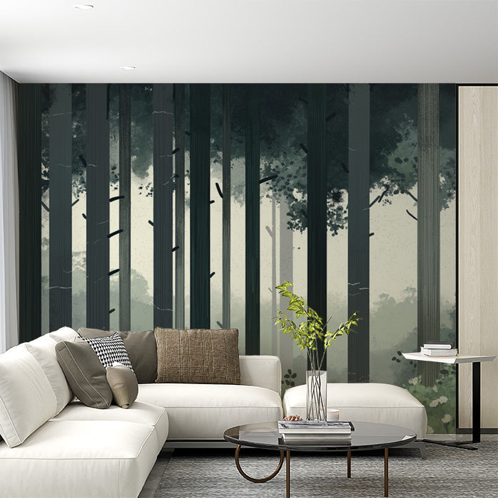 Simple Pine Tree Mural Wallpaper in Study Room | Green, White Pine Trees