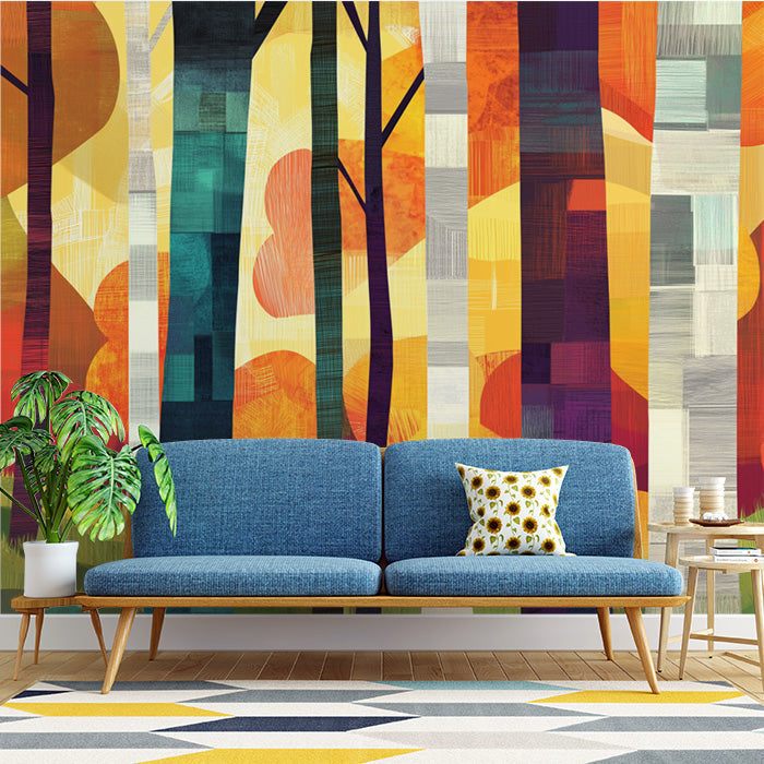 Abstract Tree Mural Wallpaper in Living Room | Various Colors (Orange, Yellow, etc.) of Trees