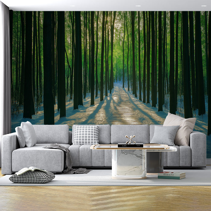 Snowy Forest Mural Wallpaper in Study Room | Green, Blue Snowy Forest