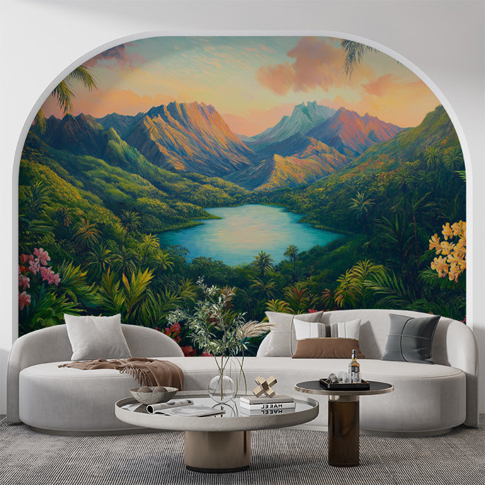 Tropical Mountain Lake Mural Wallpaper in Living Room | Various Colors (Green, Blue, Orange, etc.) of Tropical Mountains