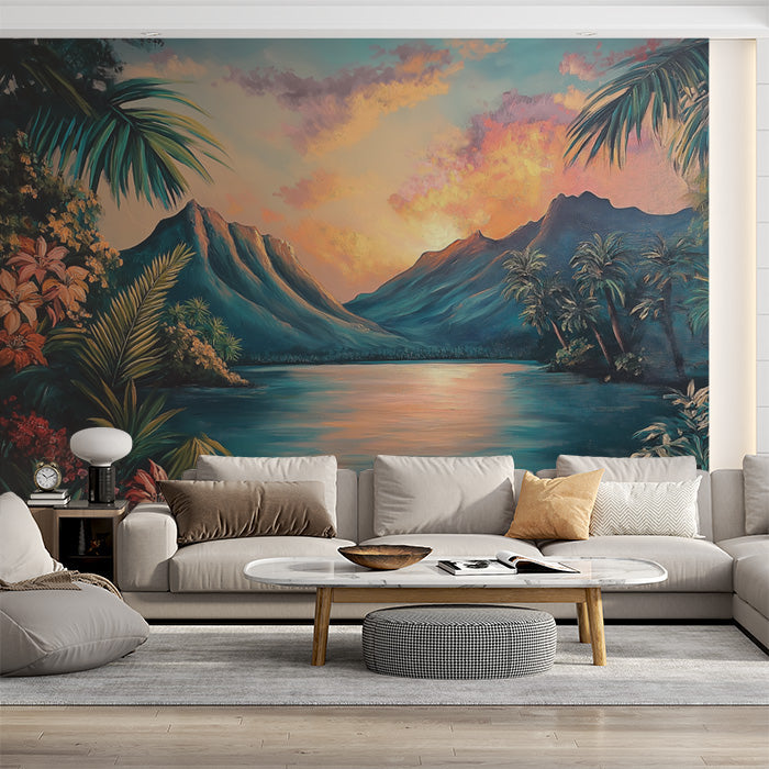 Mountain and Sunset Mural Wallpaper in Living Room | Various Colors (Purple, Pink, Blue, etc.) of Mountain and Sunset
