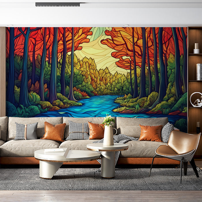Autumn Forest and River Mural Wallpaper in Living Room | Various Colors (Red, Orange, Blue, etc.) of Autumn Forest and River