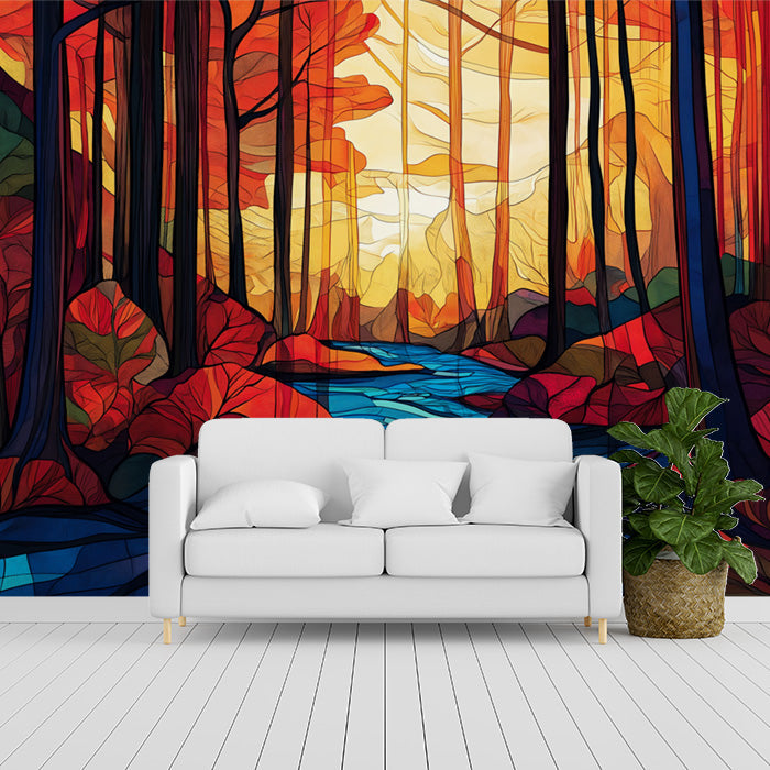Autumn Forest and River Mural Wallpaper in Living Room | Various Colors (Red, Orange, Blue, etc.) of Autumn Forest and River