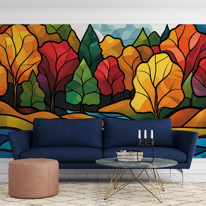 Stained Glass Forest Mural Wallpaper in Office | Various Colors (Orange, Red, Green, etc.) of Glass Forest