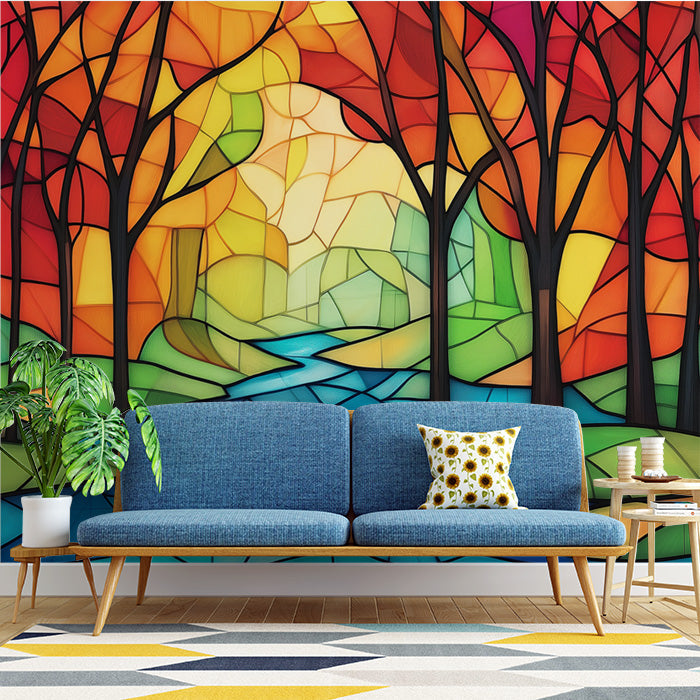 Stained Glass Forest Mural Wallpaper in Office | Various Colors (Orange, Red, Green, etc.) of Glass Forest
