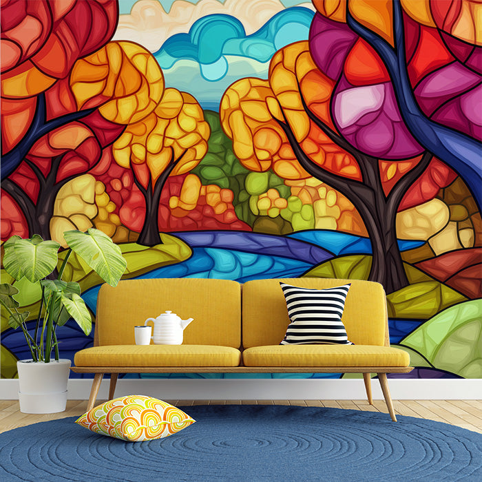 Stained Glass Forest Mural Wallpaper in Office | Various Colors (Orange, Red, Green, etc.) of Glass Forest