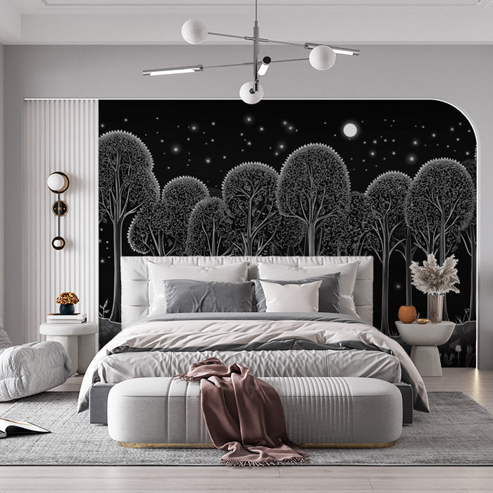 Black and White Starry Forest Mural Wallpaper in Study room | Black, White Starry Forest