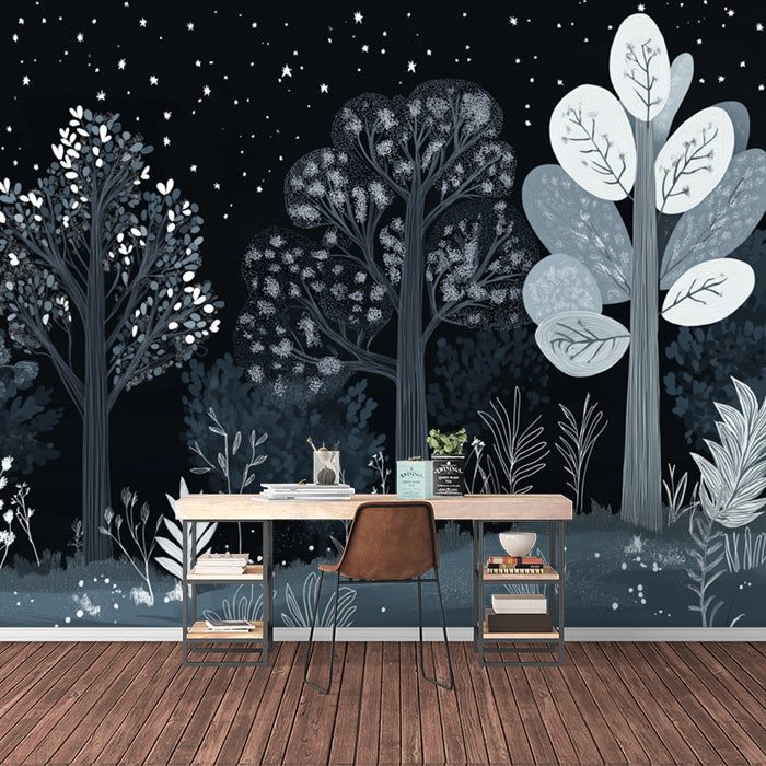 Black and White Starry Forest Mural Wallpaper in Study room | Black, White Starry Forest