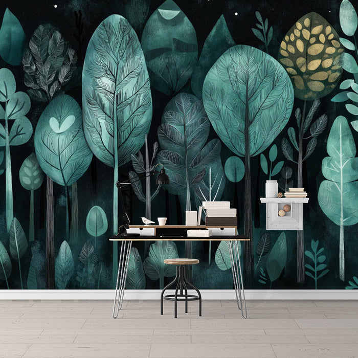Teal Forest Mural Wallpaper in Study Room | Various Shades of Teal Forest