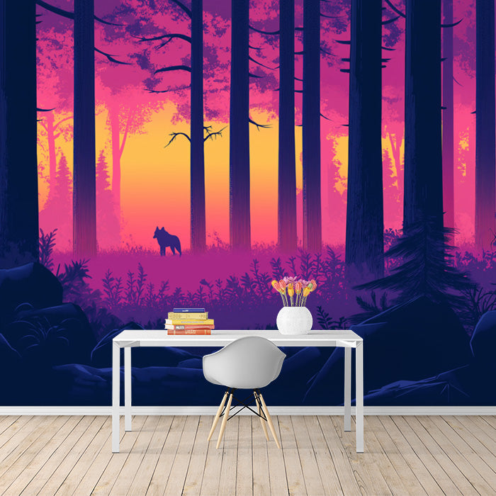 Forest and Wolf Mural Wallpaper in Study Room | Various Colors (Pink, Purple, etc.) of Forest and Wolf