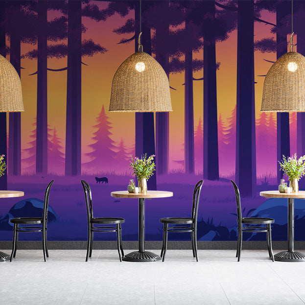 Forest and Wolf Mural Wallpaper in Study Room | Various Colors (Pink, Purple, etc.) of Forest and Wolf