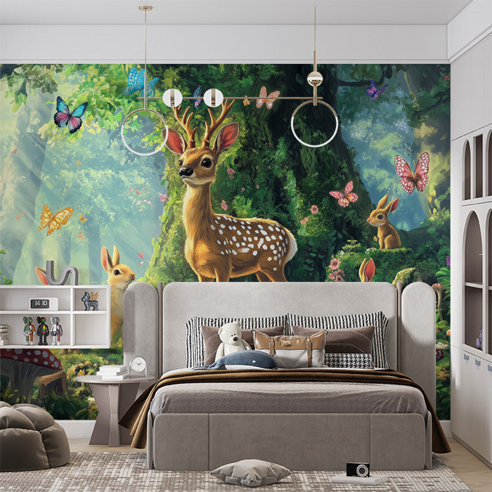 Deer and Forest Animals Mural Wallpaper in Bedroom | Various Colors (Green, Brown, etc.) of Deer and Forest Animals