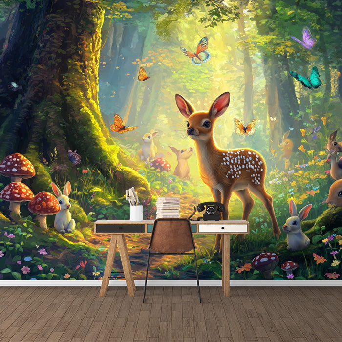 Deer and Forest Animals Mural Wallpaper in Bedroom | Various Colors (Green, Brown, etc.) of Deer and Forest Animals