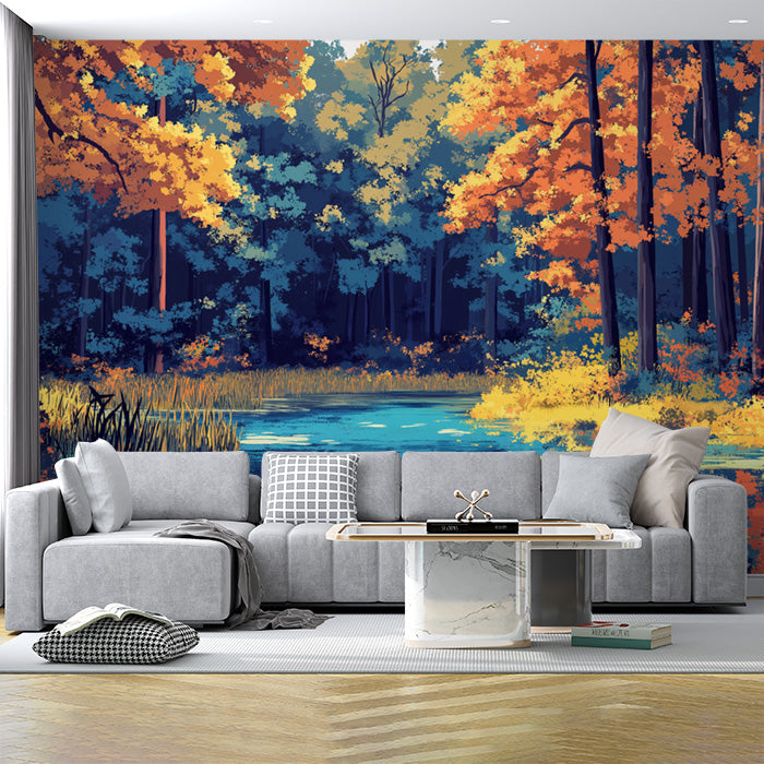 Autumn Forest and Lake Mural Wallpaper in Living Room | Various Colors (Orange, Yellow, Blue, etc.) Autumn Forest and Lake