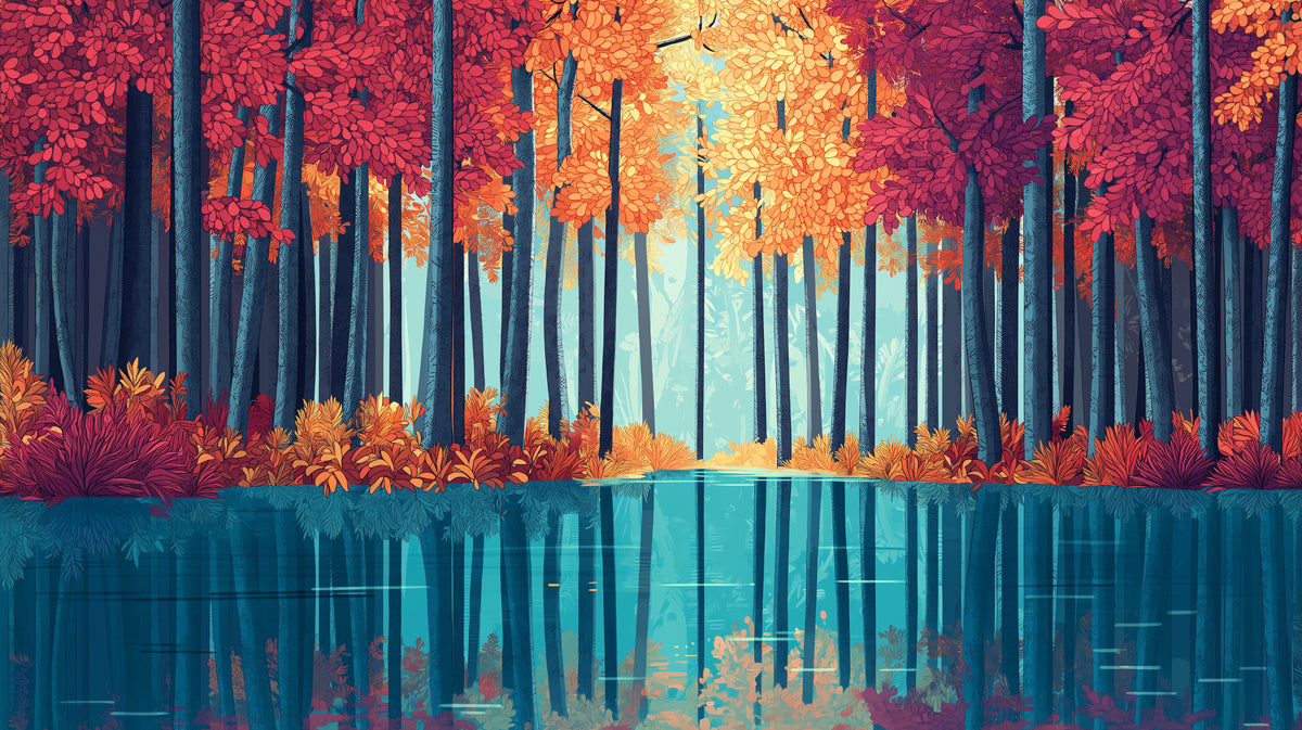 Autumn Forest and Lake Mural Wallpaper in Living Room | Various Colors (Orange, Yellow, Blue, etc.) Autumn Forest and Lake