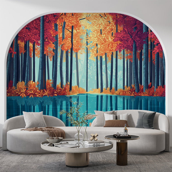 Autumn Forest and Lake Mural Wallpaper in Living Room | Various Colors (Orange, Yellow, Blue, etc.) Autumn Forest and Lake