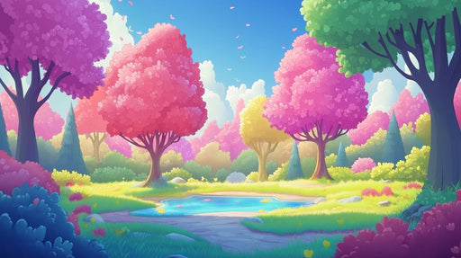 Colorful Cartoon Forest Mural Wallpaper in Bedroom | Various Colors (Pink, Purple, Green, etc.) of Cartoon Forest
