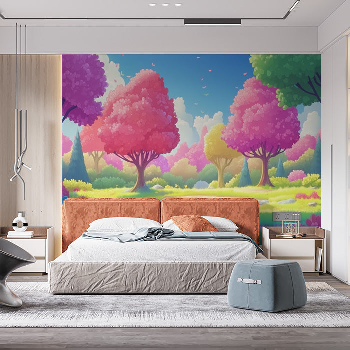 Colorful Cartoon Forest Mural Wallpaper in Bedroom | Various Colors (Pink, Purple, Green, etc.) of Cartoon Forest