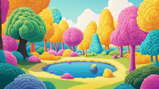 Colorful Cartoon Forest Mural Wallpaper in Bedroom | Various Colors (Pink, Purple, Green, etc.) of Cartoon Forest