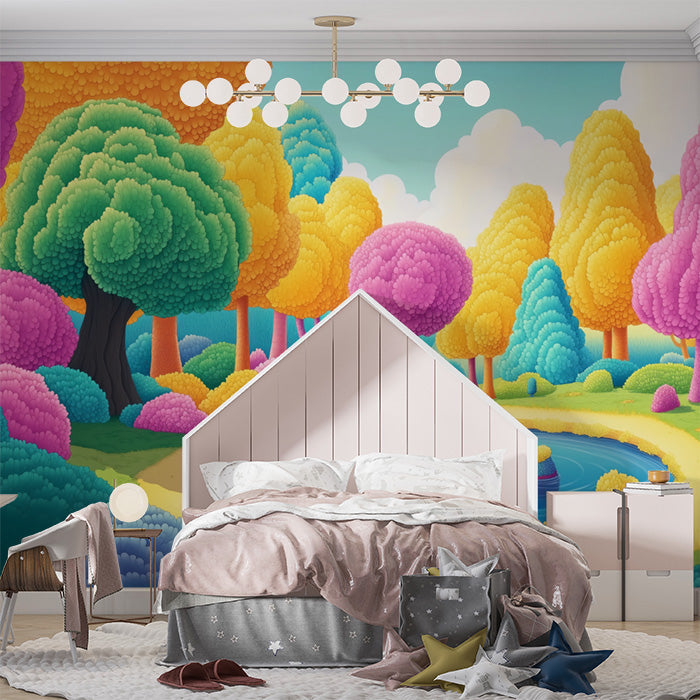 Colorful Cartoon Forest Mural Wallpaper in Bedroom | Various Colors (Pink, Purple, Green, etc.) of Cartoon Forest