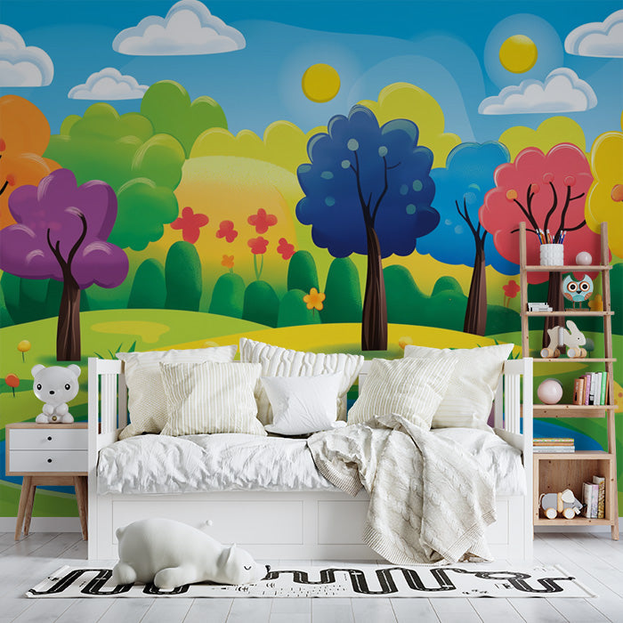 Colorful Cartoon Forest Mural Wallpaper in Bedroom | Various Colors (Pink, Purple, Green, etc.) of Cartoon Forest