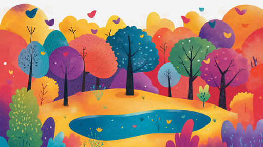 Colorful Cartoon Forest Mural Wallpaper in Bedroom | Various Colors (Pink, Purple, Green, etc.) of Cartoon Forest