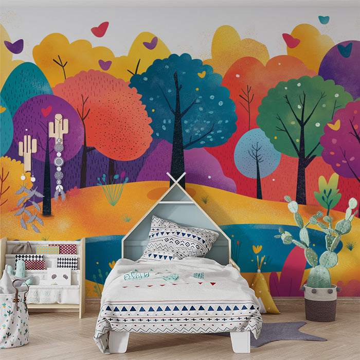 Colorful Cartoon Forest Mural Wallpaper in Bedroom | Various Colors (Pink, Purple, Green, etc.) of Cartoon Forest