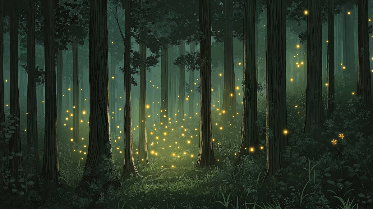 Green Forest with Fireflies Mural Wallpaper in Bedroom | Green, Yellow Forest with Fireflies