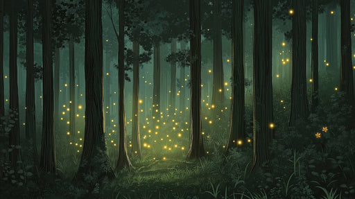 Green Forest with Fireflies Mural Wallpaper in Bedroom | Green, Yellow Forest with Fireflies