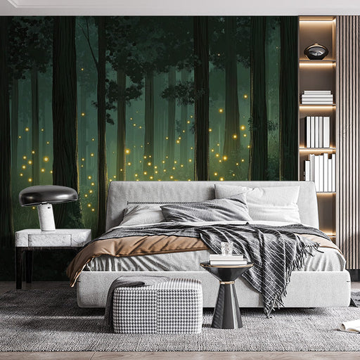 Green Forest with Fireflies Mural Wallpaper in Bedroom | Green, Yellow Forest with Fireflies
