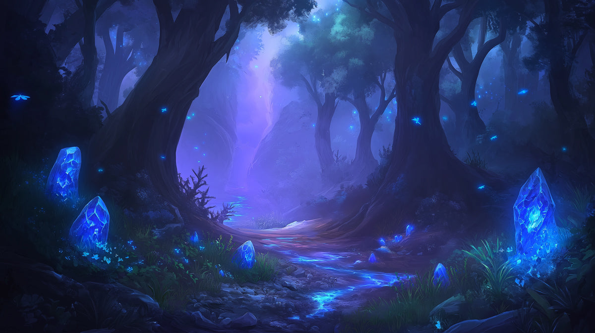 Blue Forest with Crystals Mural Wallpaper in Bedroom | Blue, Purple Forest with Fireflies