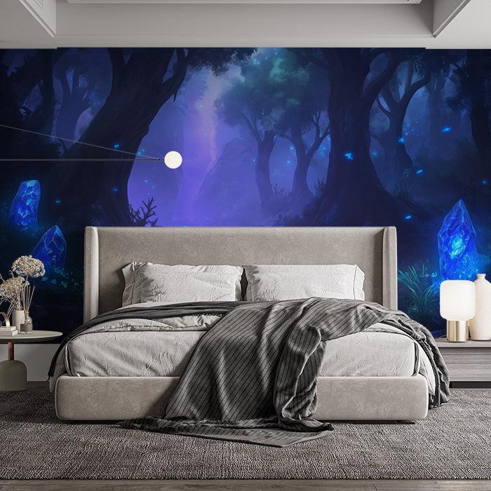 Blue Forest with Crystals Mural Wallpaper in Bedroom | Blue, Purple Forest with Fireflies