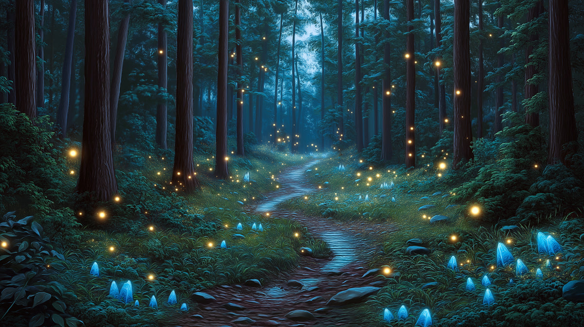 Blue Forest with Crystals Mural Wallpaper in Bedroom | Blue, Purple Forest with Fireflies