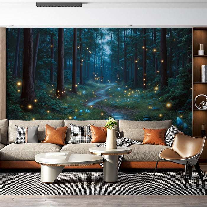 Blue Forest with Crystals Mural Wallpaper in Bedroom | Blue, Purple Forest with Fireflies