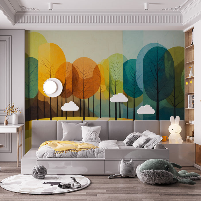 Abstract Autumn Forest Mural Wallpaper in Living Room | Various Colors (Orange, Green, etc.) of Autumn Forest