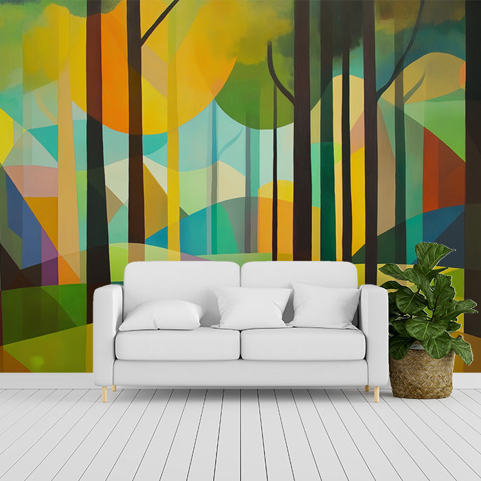 Abstract Autumn Forest Mural Wallpaper in Living Room | Various Colors (Orange, Green, etc.) of Autumn Forest