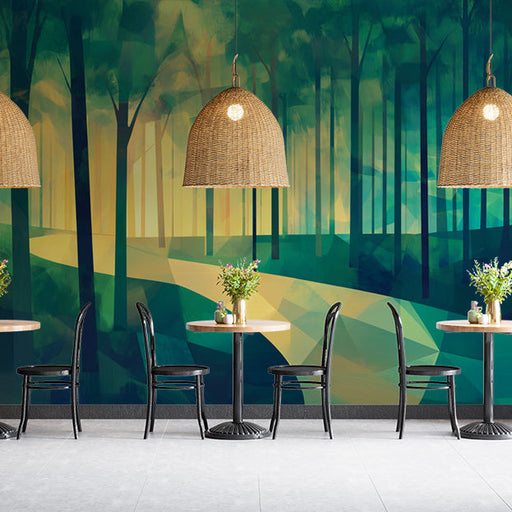 Abstract Green Forest Mural Wallpaper in Living Room | Green, Yellow Forest