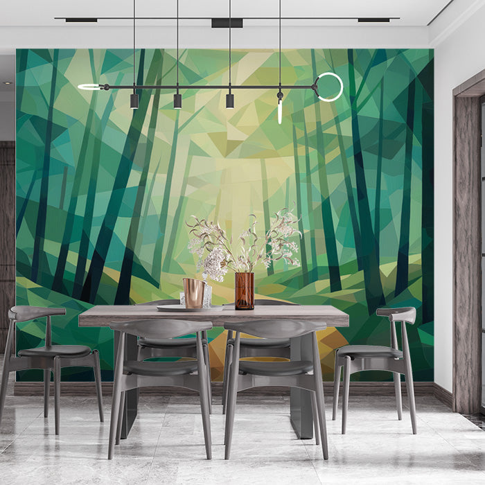 Abstract Green Forest Mural Wallpaper in Living Room | Green, Yellow Forest