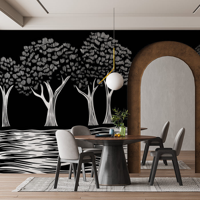 Black and White Tree Mural Wallpaper in Dining Room | Black, White Trees