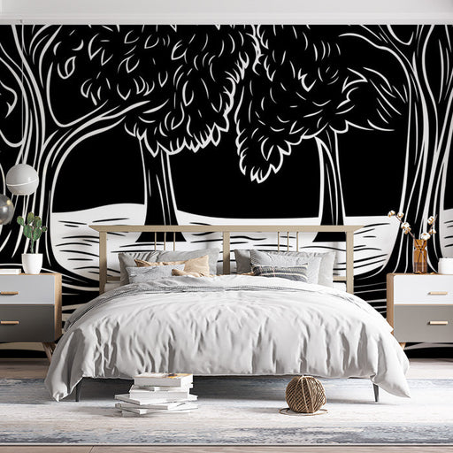 Black and White Tree Mural Wallpaper in Dining Room | Black, White Trees