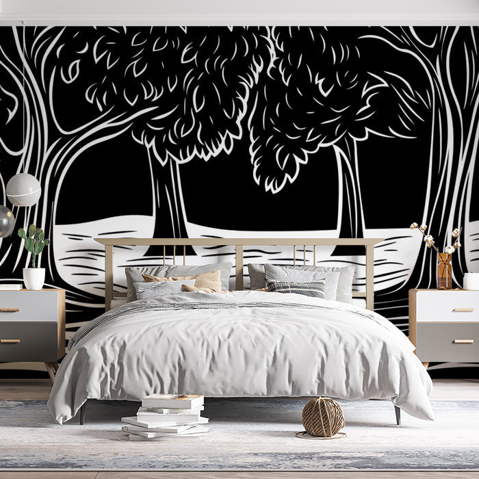 Black and White Tree Mural Wallpaper in Dining Room | Black, White Trees