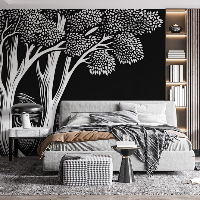 Black and White Tree Mural Wallpaper in Dining Room | Black, White Trees