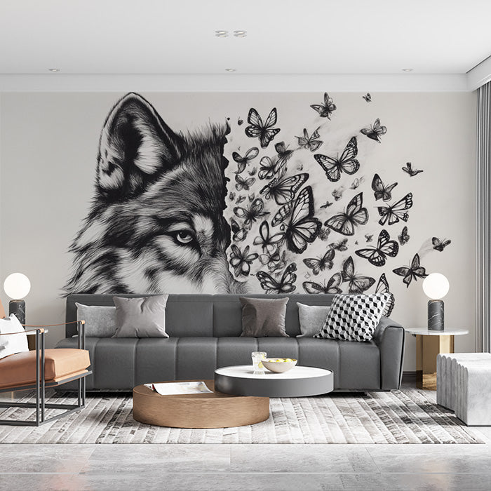 Wolf and Butterflies| Black and White Wolf and Butterflies