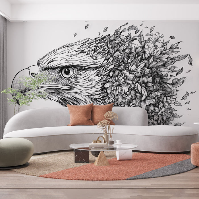 Eagle and Flowers| Black and White Eagle and Flowers