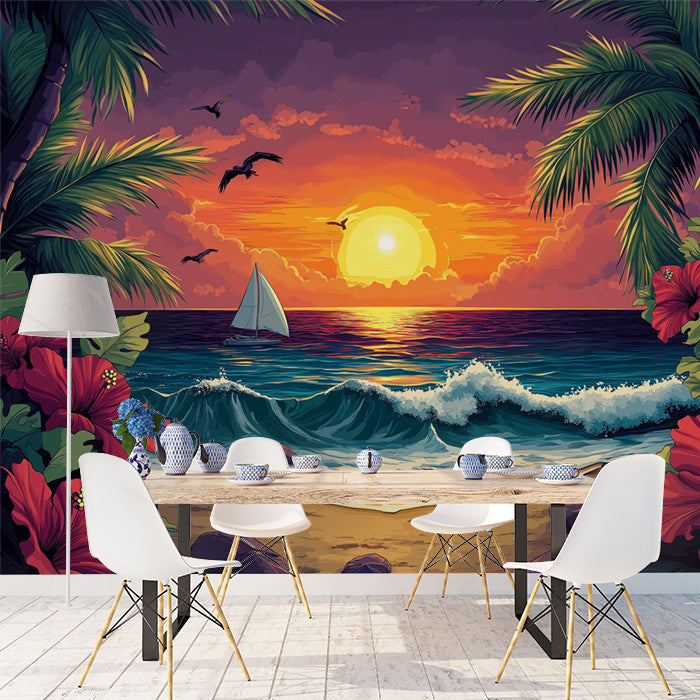 Beach Sunset with Sailboat | Various Colors (Orange, Red, Blue, etc.) of Beach Sunset