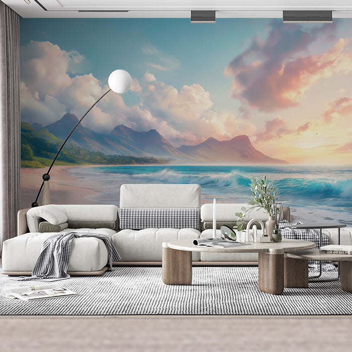 Beach and Waves Mural Wallpaper in Cafe | Various Colors (Blue, Green, etc.) of Beach and Waves