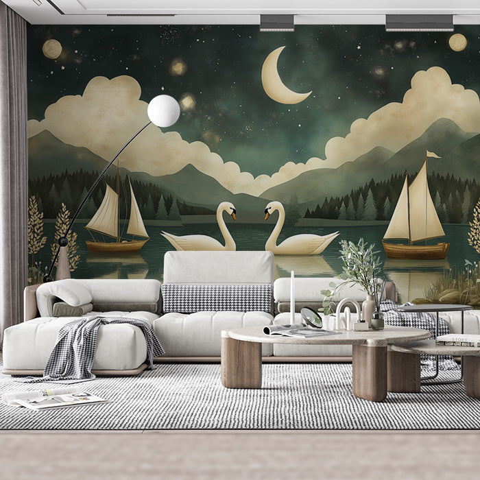 Romantic Swans and Moon | Various Colors (Blue, Orange, etc.) of Swans and Moon